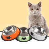 Non Slip Rubber Base Cat Dog Pet Stainless Steel Food Water Bowl (Random Color - 1p)