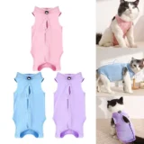 Cat Abdominal Wounds Breathable Romper Onesie Anti Lick E Collar Alternative Surgical Body Recovery Suit ( Random Color, S/M/L )