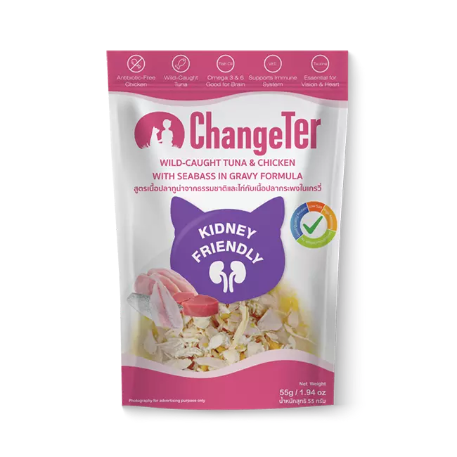 ChangeTer Kidney Friendly Wet Cat Food Pouch Wild Caught Tuna & Chicken with Seabass in Gravy (55gm)