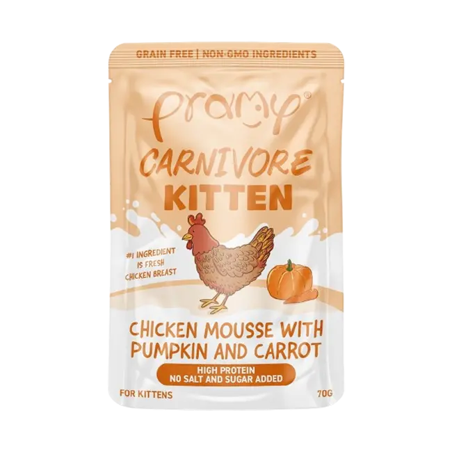 Pramy Carnivore Chicken Mousse with Pumpkin & Carrot Wet Food Pouch for Kittens (70gm)